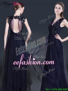 Fashionable V Neck Paillette Prom Dresses in Navy Blue