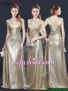Perfect V Neck Sequins Prom Dresses in Champagne