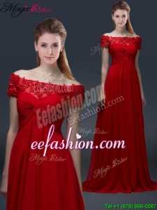 Simple Off the Shoulder Short Sleeves Red Prom Dresses with Appliques