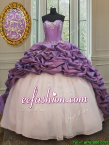 Popular Organza and Taffeta White and Purple Quinceanera Dress with Court Train