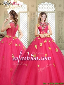 Beautiful High Neck Cap Sleeves 2016 Prom Dresses with Appliques