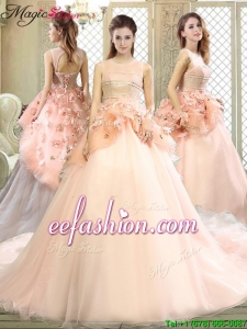 Discount Scoop Court Train Quinceanera Dresses with Hand Made Flowers