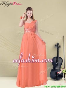 Designer One Shoulder Floor Length Bridesmaid Dresses with Ruching and Belt