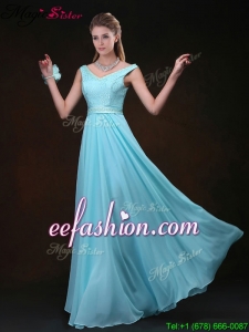 Low price Empire V Neck Prom Dresses with Belt and Lace