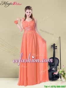 New Style Straps Floor Length Dama Dresses with Ruching and Belt