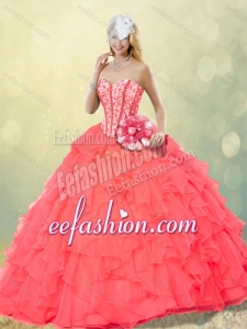 Fashionable Coral Red Quinceanera Gowns with Beading and Ruffles for Fall