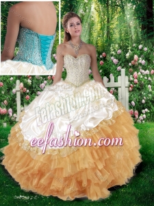 2016 Fashionable Ball Gown Champagne Quinceanera Dresses with Beading and Pick Ups