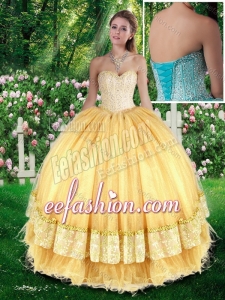 Beautiful Ball Gown Sweet 16 Champagne Dresses with Beading for Fall