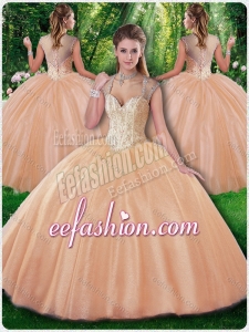Fashionable Ball Gown Beading Sweet 16 Champagne Dresses for Fall