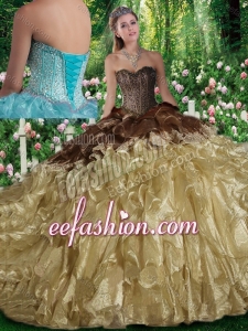 Fashionable Ball Gown Beading Sweet 16 Champagne Dresses with Brush Train