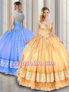 Fashionable Straps Beading and Appliques Sweet 16 Champagne Gowns