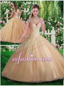 Simple A Line Champange Quinceanera Gowns with Beading and Appliques