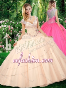 Simple Ball Gown Cap Sleeves Straps Beading Sweet 16 Champagne Dresses