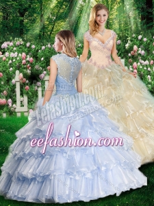 2016 Romantic Ball Gown Champagne Quinceanera Gowns with Beading and Ruffled Layers