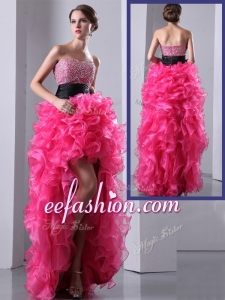 2016 Exquisite High Low Hot Pink Prom Dress with Ruffles