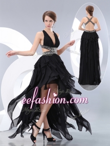 2016 New Style V Neck High Low Prom Dresses in Black