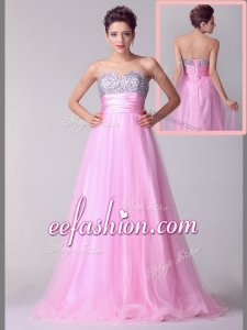 2016 Lovely A Line Brush Train Rose Pink Long Prom Dresses with Beading for Spring