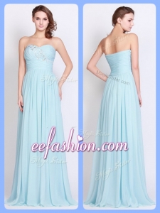 2016 Plus Size Brush Train Light Blue Prom Dresses with Beading and Ruching
