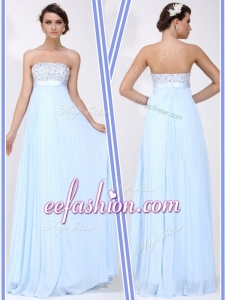 Beautiful Strapless Beading Long Prom Dress in Light Blue