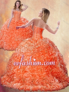 Fashionable Brush Train Orange Amazing Quinceanera Dresses with Beading and Ruffles