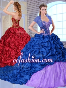 New Style Sweetheart Brush Train Pick Ups and Appliques Quinceanera Dresses for2016