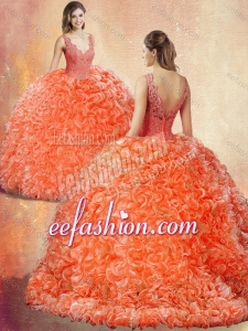 New Style V Neck Brush Train Quinceanera Dresses with Appliques for 2016