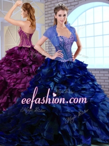 Perfect Brush Train Ruffles and Appliques Amazing Quinceanera Dresses in Royal Blue