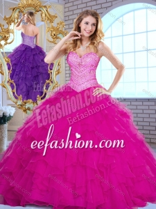Pretty Sweetheart Beading and Ruffles Quinceanera Dresses in Fuchsia for 2016