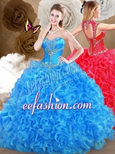 2016 Pretty Blue Sweet 16 Puffy Quinceanera Gowns with Beading and Ruffles