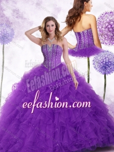 New Arrivals Strapless Purple Puffy Quinceanera Gowns with Beading and Ruffles for 2016