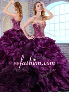 Wonderful Brush Train Dark Purple Sweet 16 Dresses with Ruffles and Appliques