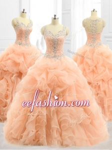 Cheap Straps Beading and Ruffles In Stock Quinceanera Dresses in Peach