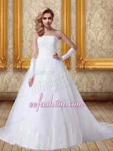 2014 Lace Chapel Train Ball Gown Wedding Dress with Strapless