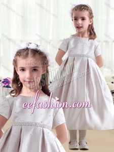 Beautiful Short Sleeves Satin Cute Flower Girl Dresses with Beading