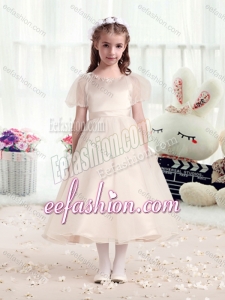 Best Princess Scoop Short Sleeves Champagne Cute Flower Girl Dresses