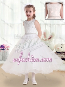 Fashionable Scoop Tea Length Cute Flower Girl Dresses with Lace