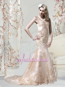 Gorgeous Champagne Mermaid V Neck Embroidery Wedding Dresses