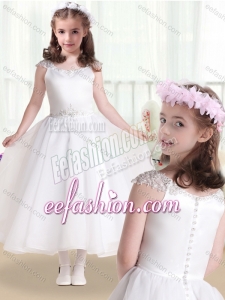 Latest Cap Sleeves Cute Flower Girl Dresses with Beading and Appliques