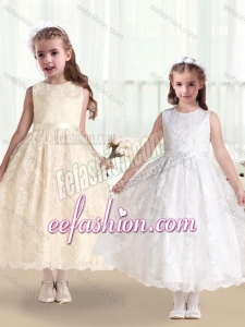 Pretty Scoop Lace and Belt Cute Flower Girl Dresses in White
