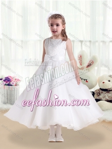 Pretty Scoop White Cute Flower Girl Dresses with Beading and Bowknot