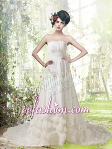Romantic A Line Strapless Court Train Wedding Dresses with Hand Made Flowers