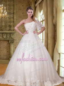 Unique Beading A Line Lace Half Sleeves Wedding Dress with One Shoulder