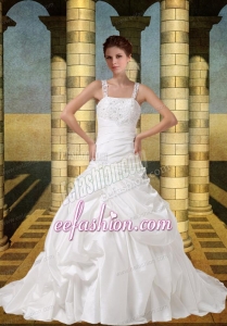 2014 Embroidery A Line Straps Wedding Dress with Brush Train