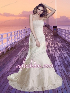 2014 Mermaid Strapless Lace Beading Wedding Dress with Chapel Train