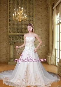 2015 Affordable Strapless Chapel Train Embroidery Wedding Dresses