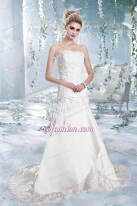 2015 Elegant A Line Strapless Brush Train Lace Wedding Dresses