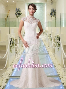 2015 Elegant Mermaid High Neck Lace Wedding Dress with Short Sleeves