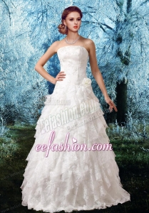 2015 Princess Appliques Floor Length Wedding Dress with Zipper Up
