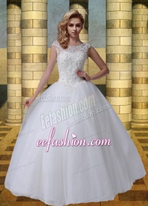 2015 Scoop A Line Cap Sleeves Wedding Dresses with Appliques
