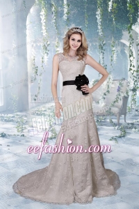 Beautiful Column Court Train Lace Wedding Dresses with V Neck